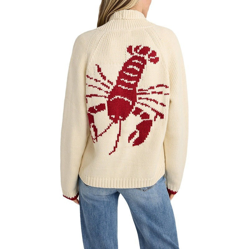 Damen Grobstrick Rollkragenpullover mit Hummer-Intarsie und lässiger Oversize-Passform Drune