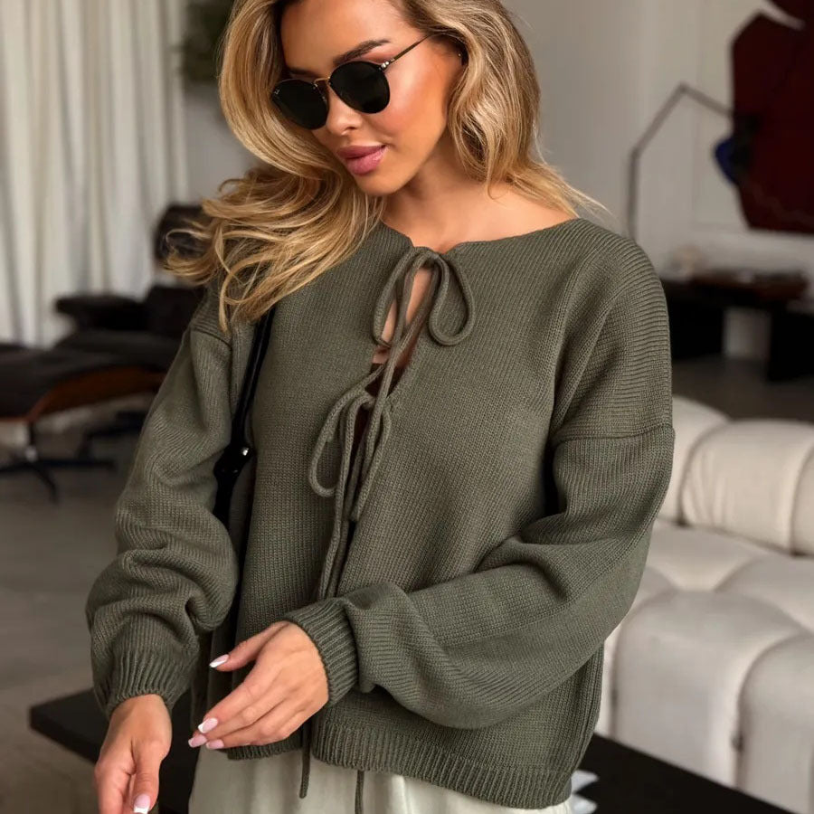 Damen lässiger Strickpullover mit dekorativer Schnürung und weitem Schnitt Drune