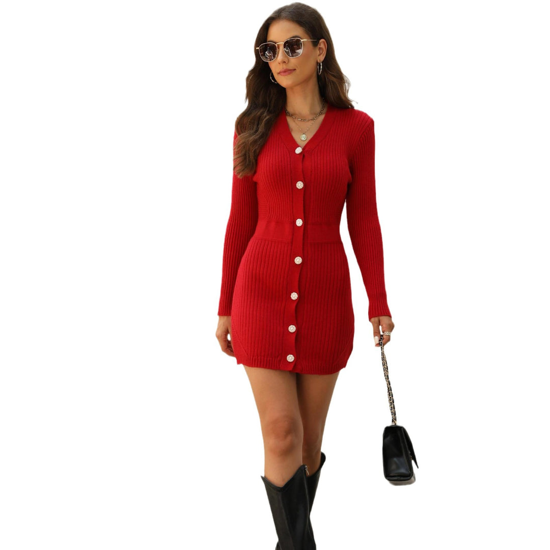 Damen Strickkleid mit Knopfverschluss und elegantem V-Ausschnitt Drune