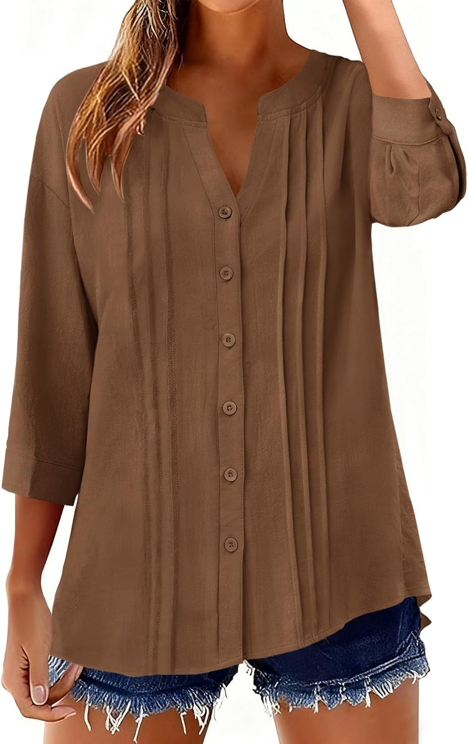 Damen Lockeres Tunikashirt mit Kellerfalten und dreiviertel Ärmeln Drune