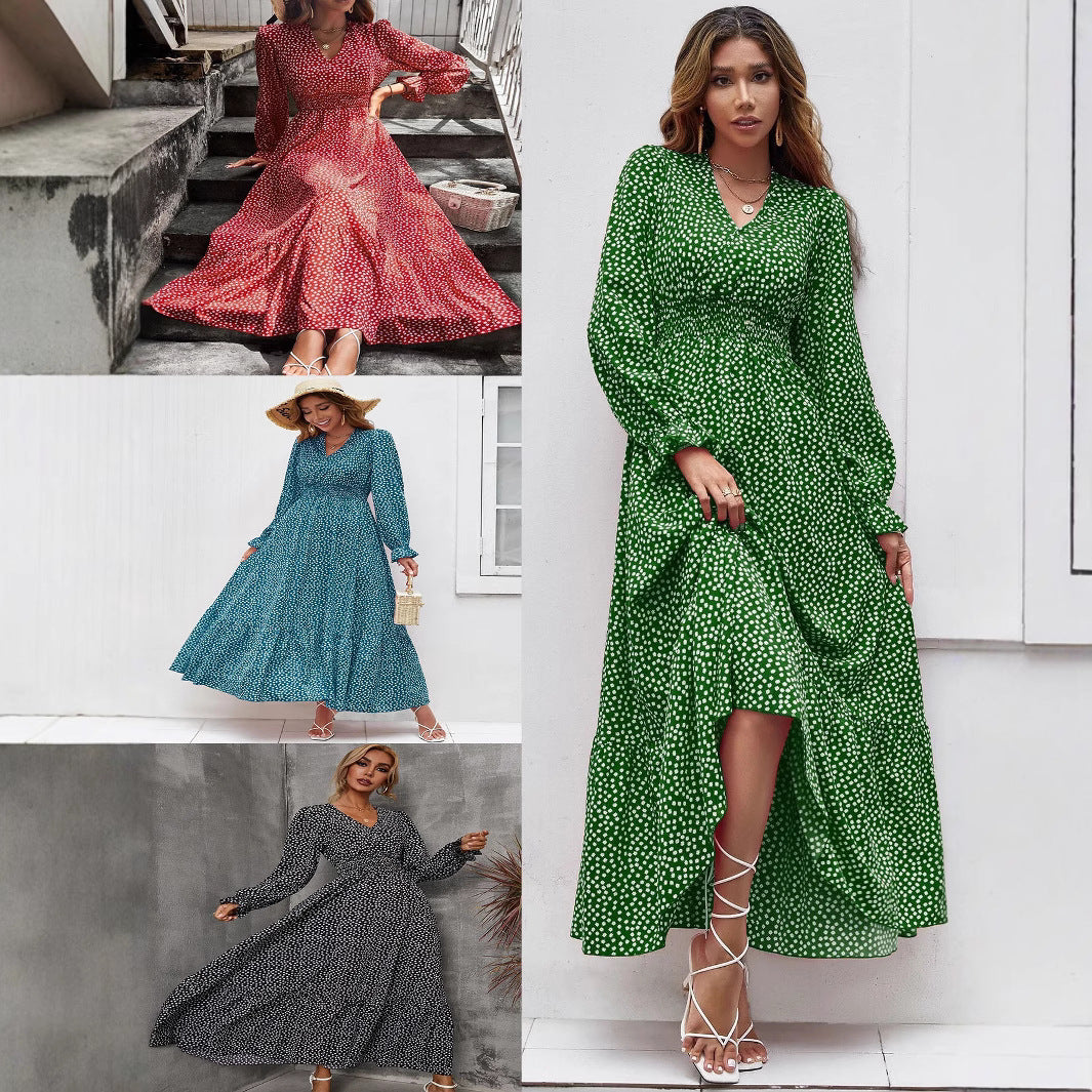 Damen Midikleid mit floralen Punkten und schwingendem Rock Drune