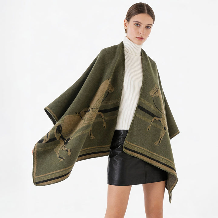 Damen Jacquard‑Poncho mit Pferdemotiv und weichem Wollmix Drune