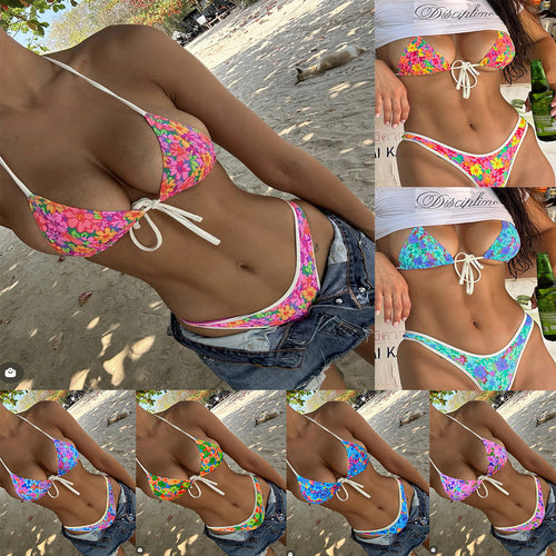 Damen Triangel-Bikini mit lebhaftem Blumenmuster und raffinierten Bindebändern Drune