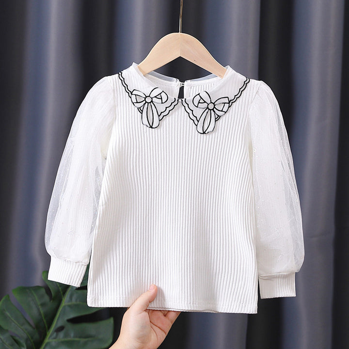 Mädchen Bluse mit transparenter Puffärmel und besticktem Kragen Drune
