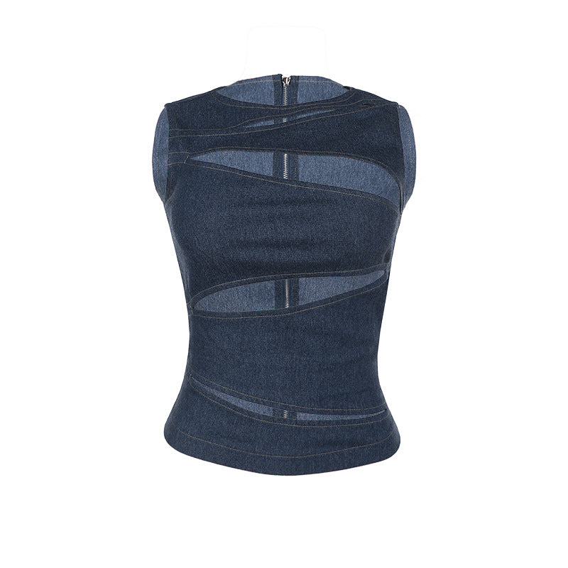 Damen figurbetontes Denim-Top mit asymmetrischen Cut-Outs und stylischem Design Drune
