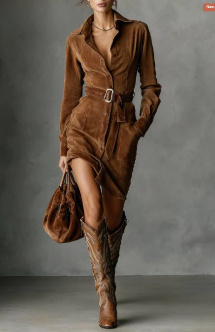 Damen Hemdblusenkleid mit tailliertem Gürtel und seitlichen Taschen Drune