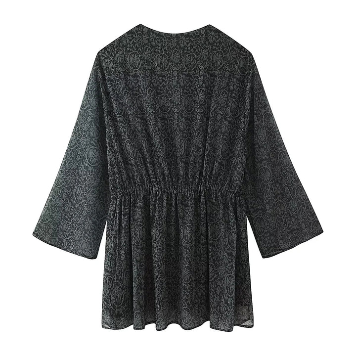 Damen nan transparente Paisley-Chiffon-Tunika mit V-Ausschnitt, Kordelzug und Perlendetail Drune