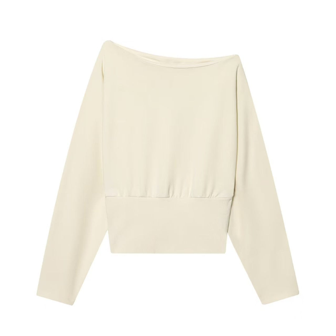 Damen Oversize Off-Shoulder Cropped-Pullover mit Fledermausärmeln und breitem Rippbündchen Drune