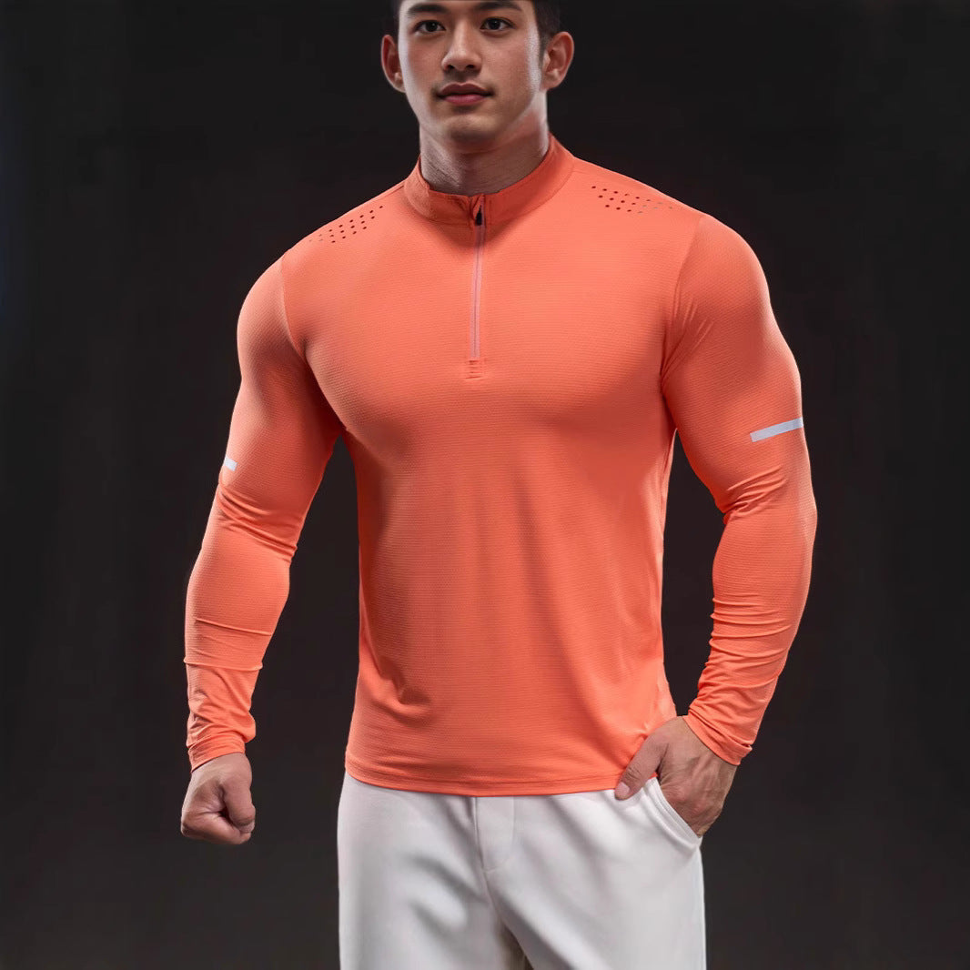 Herren Atmungsaktives Longsleeve Trainingsshirt mit Stehkragen und Kurz-Reißverschluss Drune