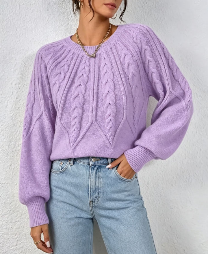 Damen kurzgeschnitteter Grobstrick-Zopfpullover mit Ballonärmeln Drune