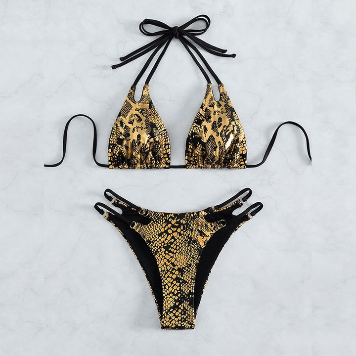 Damen Triangel-Bikini mit außergewöhnlichem Schlangenleder-Design und eleganten Riemen Drune