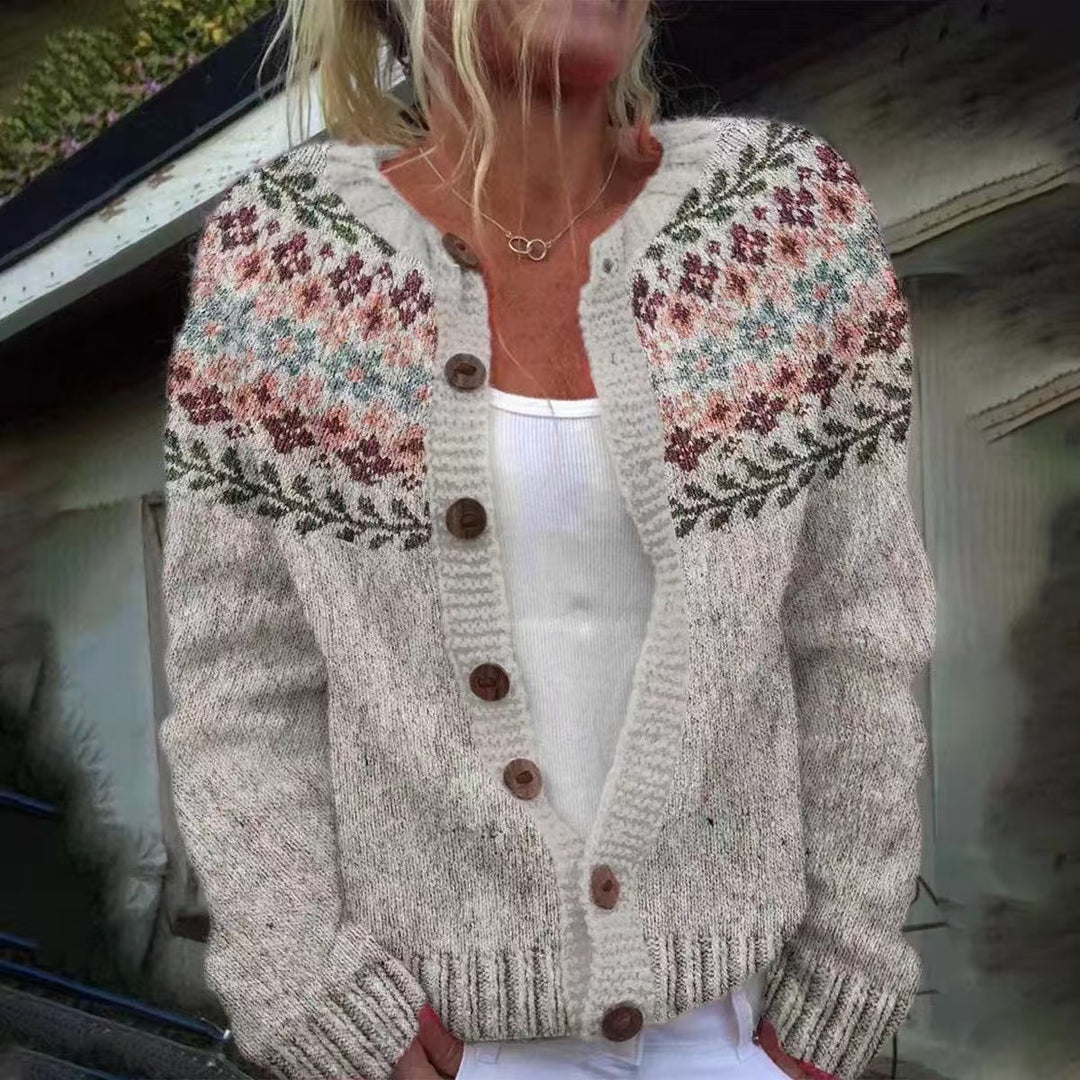 Damen nan gemusterte Strickjacke mit Rundpasse, Holzknöpfen und Eingrifftaschen Drune