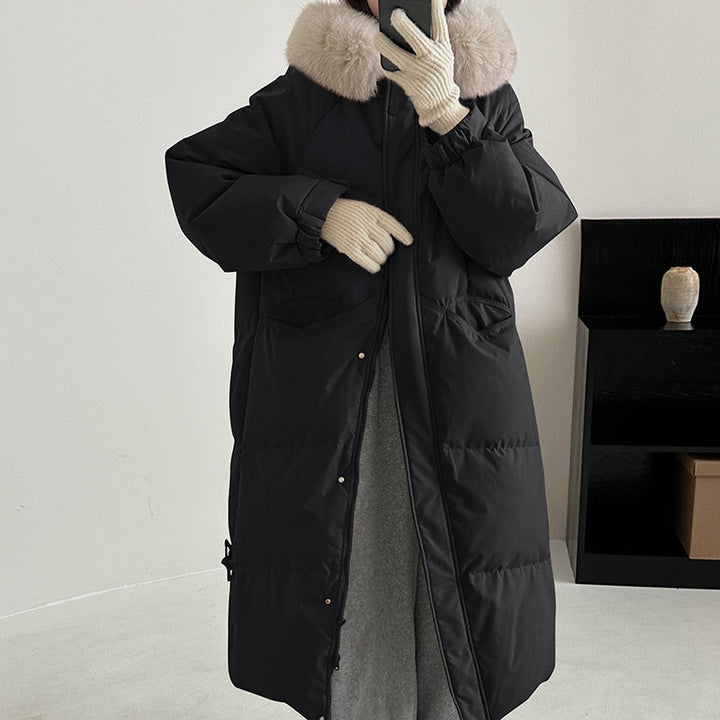 Damen Lange gefütterte Winterjacke mit hochwertigem Kunstfellkragen und praktischen Taschen Drune