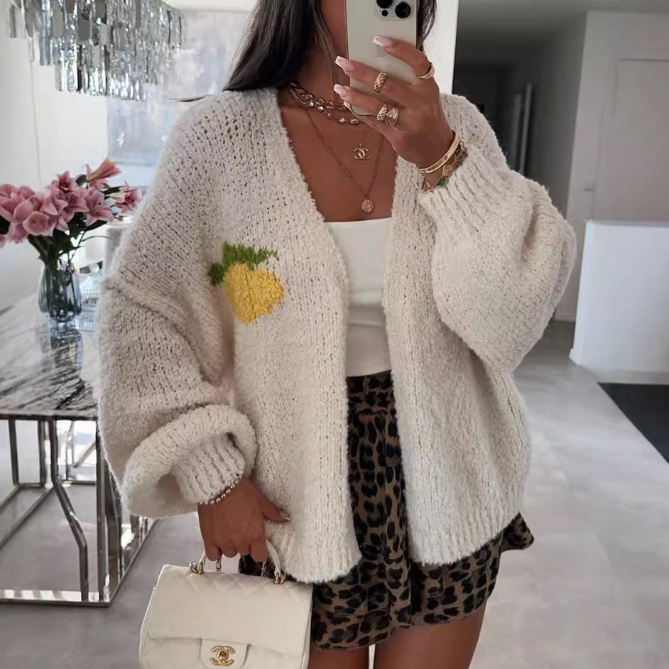 Damen lässige Strickjacke mit fröhlichem Obstdesign und oversized Passform Drune