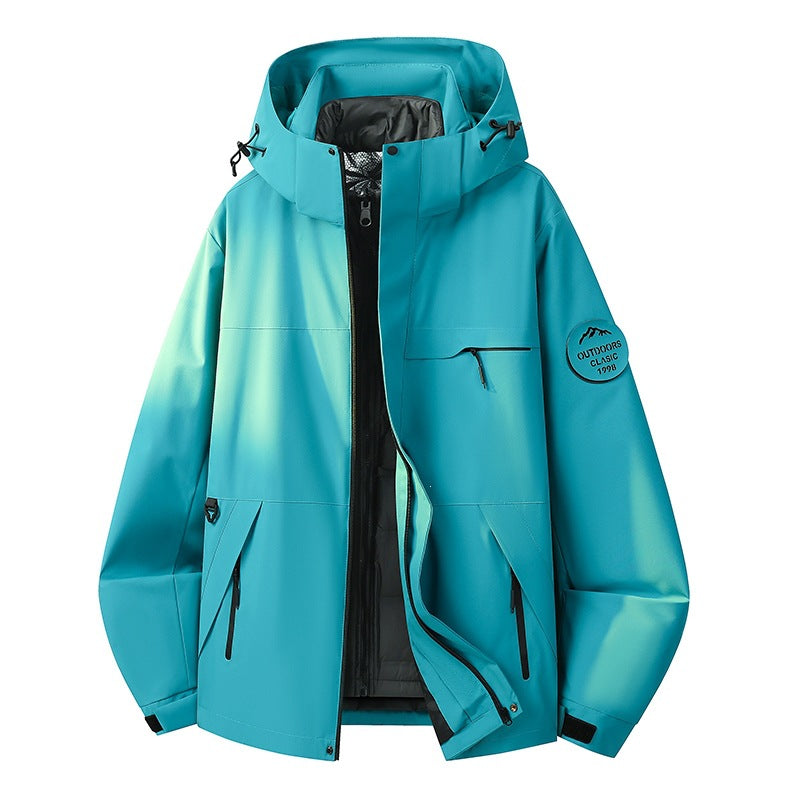 Herren Wasserdichte Outdoor-Softshelljacke mit Kapuze, hohem Stehkragen & Reißverschlusstaschen Drune