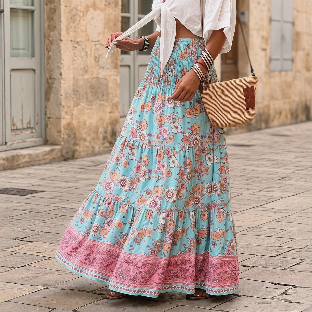 Damen nan gestufter Maxirock mit floralem Print, elastischem Smockbund und Volantkanten Drune