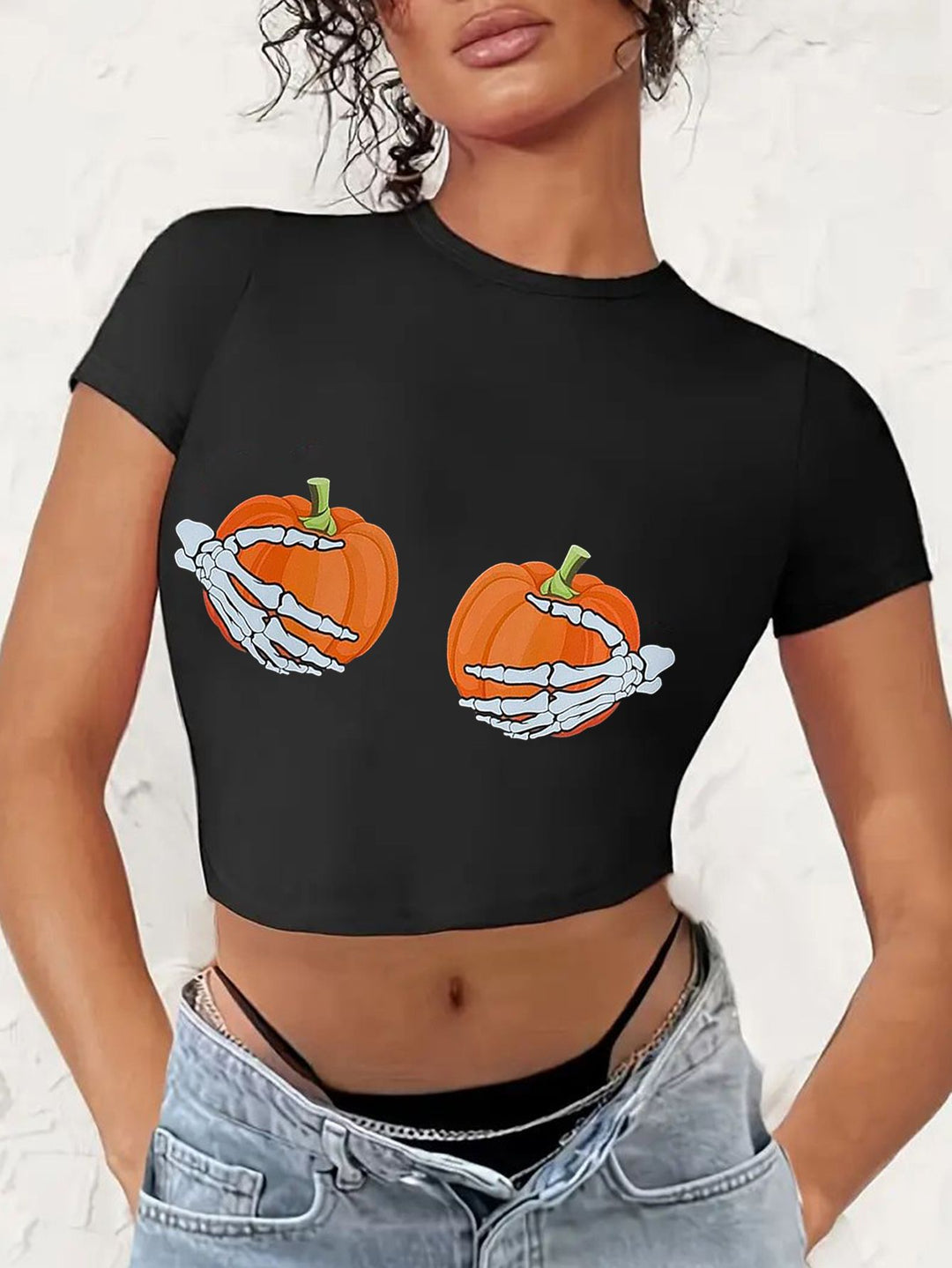 Damen Crop-T-Shirt mit kreativem Comic-Motiv Drune