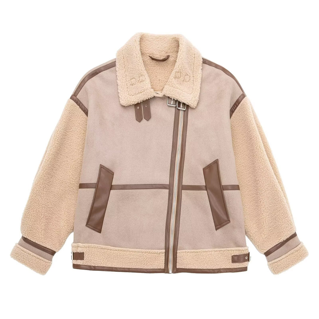 Damen Oversized Fliegerjacke mit Teddyfutter, asymmetrischem Reißverschluss und Kunstlederdetails Drune