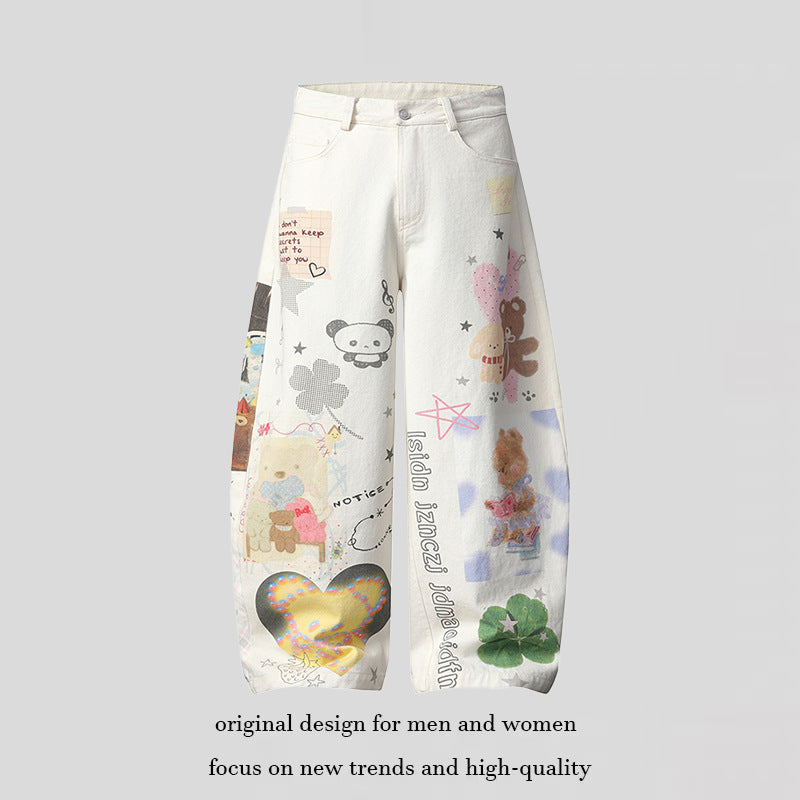 Damen Weite High‑Waist Culotte-Jeans mit verspieltem Allover-Mixed-Print und elastischem Saum Drune