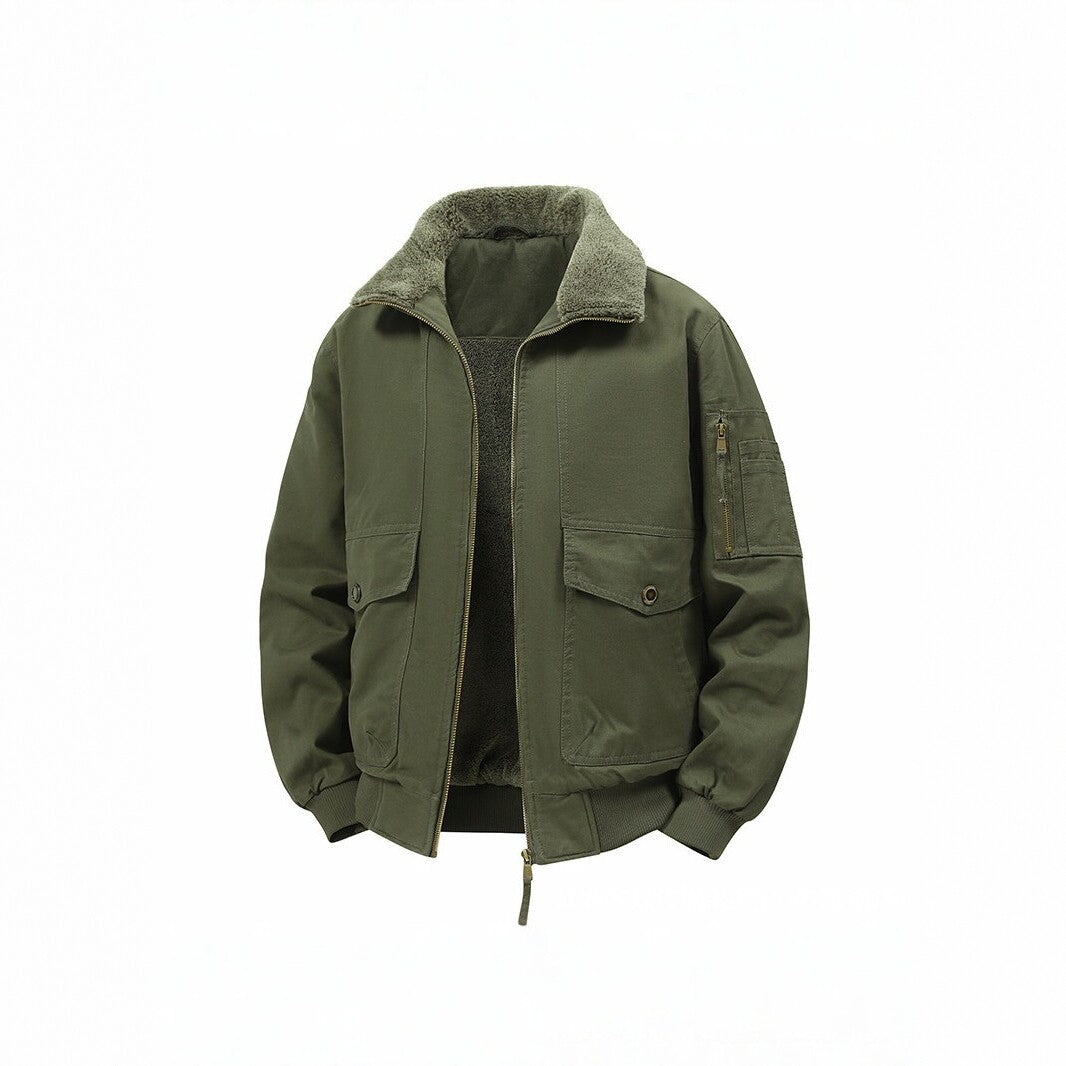 Herren Militärisch inspirierte Thermo-Bomberjacke mit Teddy‑Futter, Ärmeltasche und Druckknopf‑Klappentaschen Drune