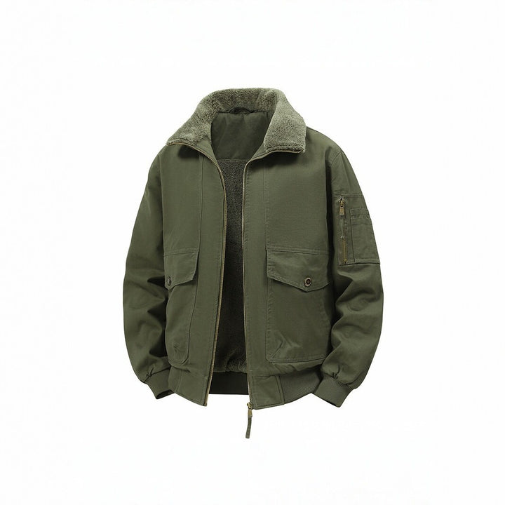 Herren Militärisch inspirierte Thermo-Bomberjacke mit Teddy‑Futter, Ärmeltasche und Druckknopf‑Klappentaschen Drune