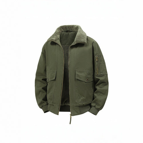 Herren Militärisch inspirierte Thermo-Bomberjacke mit Teddy‑Futter, Ärmeltasche und Druckknopf‑Klappentaschen Drune
