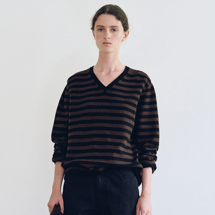 Damen V-Ausschnitt Pullover mit Streifenmuster Drune