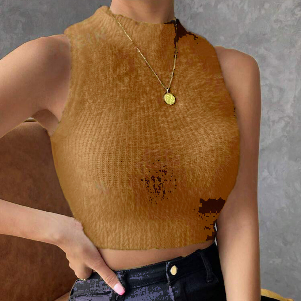 Damen Kurz geschnittenes ärmelloses geripptes Strick-Crop-Top mit Stehkragen Drune