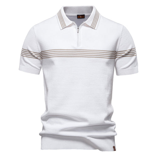 Herren nan edles Feinstrick-Poloshirt mit kurzem Metallreißverschluss, Bündchenärmeln und kontrastierten Streifenbändern Drune