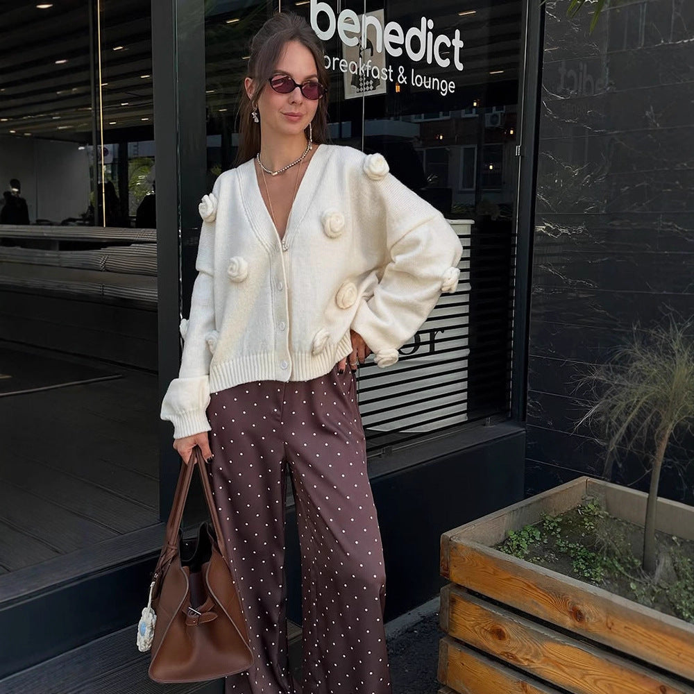 Damen Oversize-Strickcardigan mit dreidimensionalen Rosenapplikationen und V-Ausschnitt Drune