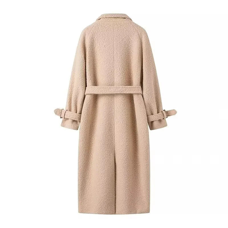 Damen nan langer Teddy-Mantel mit Schalkragen, Taillengürtel und Schnallenmanschetten Drune