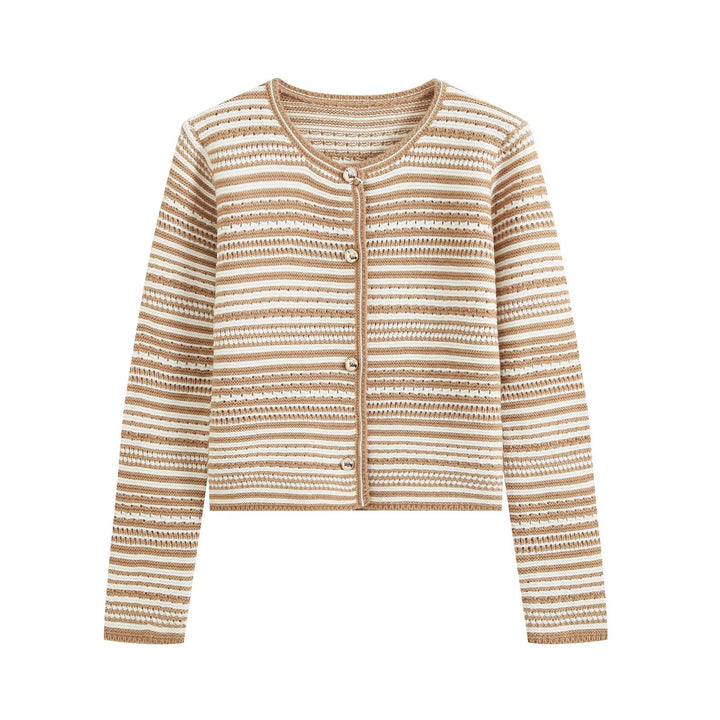 Damen gestreifte Kurzstrickjacke mit Rundhals und dekorativen Knöpfen Drune
