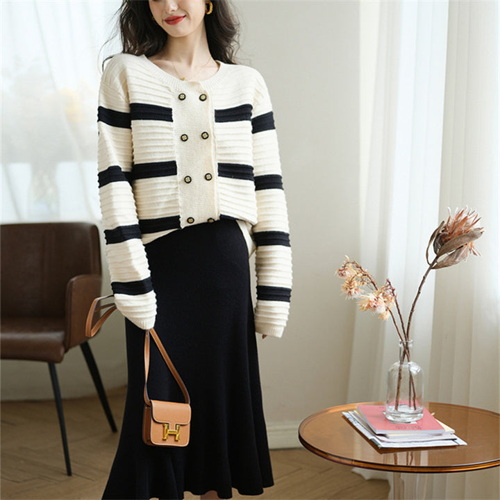Damen Strickjacke mit dekorativen Knöpfen und gestreiftem Design Drune