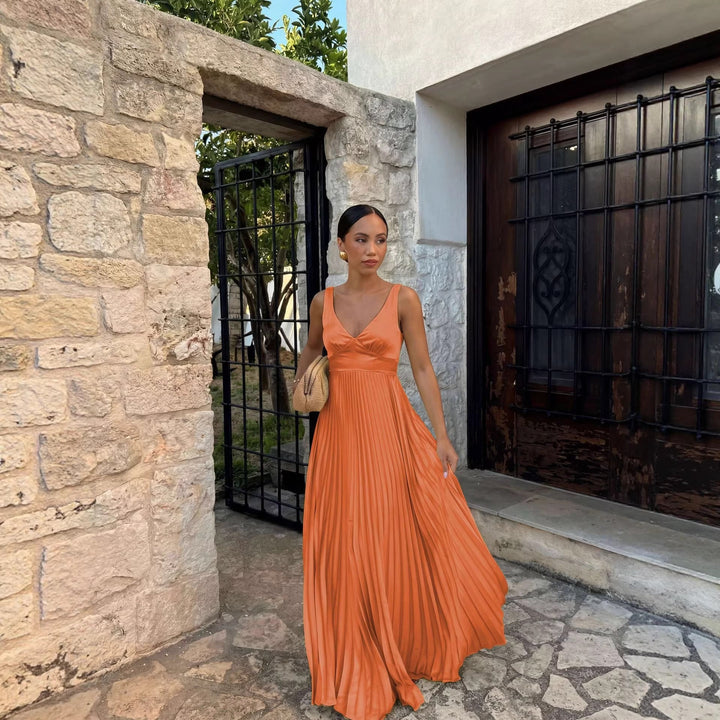 Damen Plisseekleid mit tiefem V-Ausschnitt und eleganter Silhouette Drune