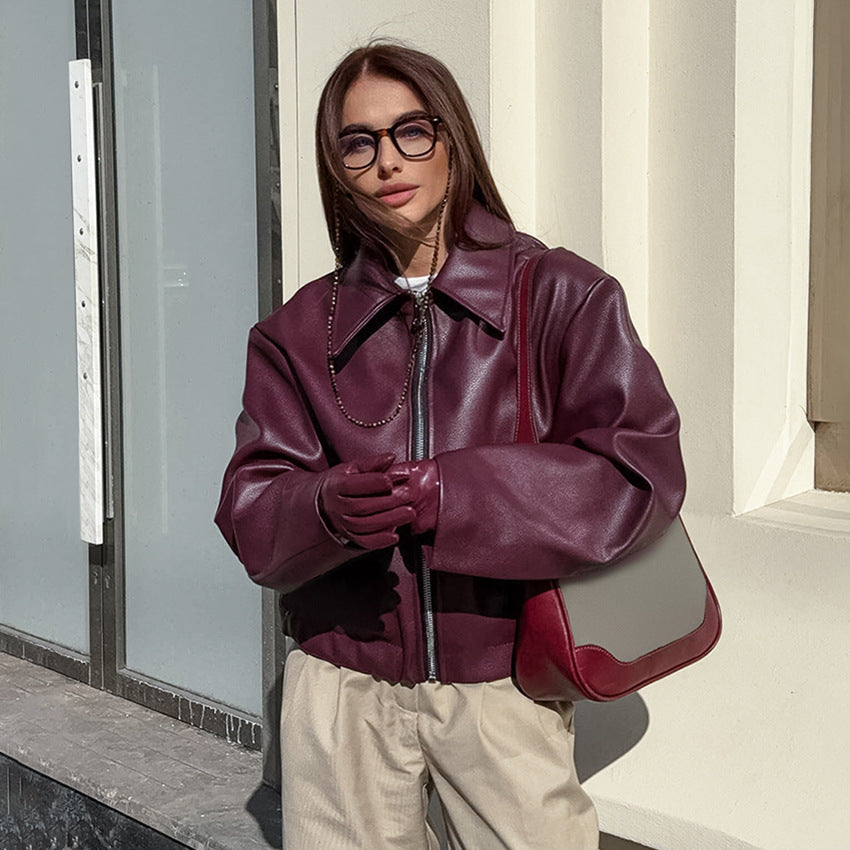 Damen Kunstlederjacke mit weitem Schnitt und feinem Kragen Drune