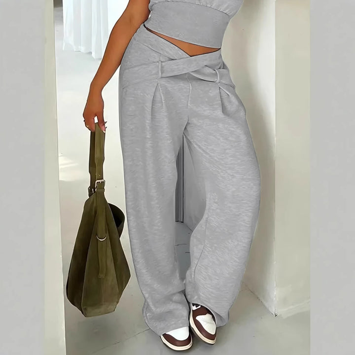 Damen Weite High-Waist-Hose mit Wickelbund, Ziergürtel und Bundschnitt Drune