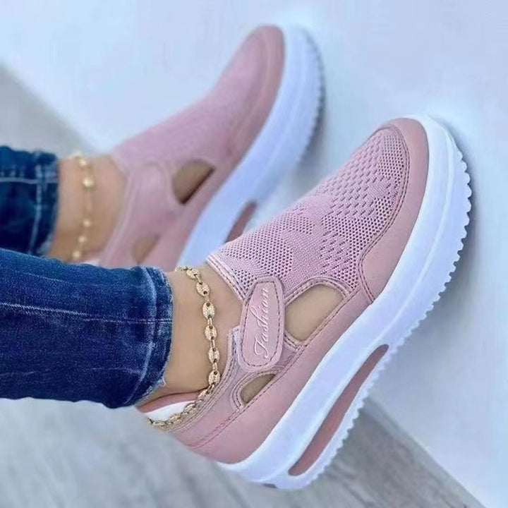 Damen  atmungsaktive Strick-Sneaker mit Klettverschluss, Cut-Outs und Plateau-Luftsohle Drune