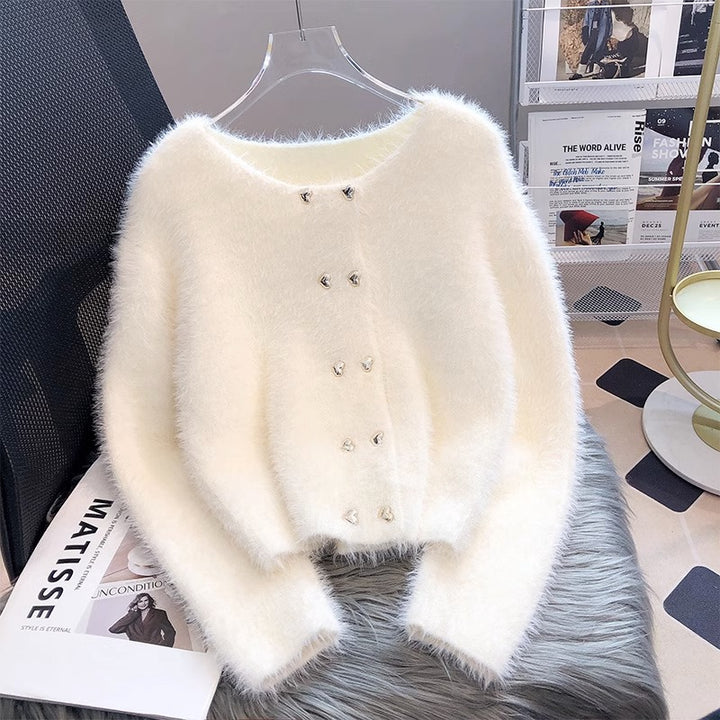 Damen Fluffy Cardigan mit Herzknöpfen Drune
