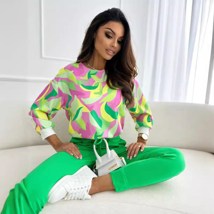 Damen lässiges Sweatshirt mit buntem Blumendruck und voluminösen Ärmeln Drune