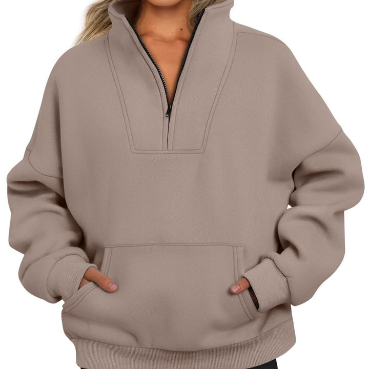 Damen nan oversized Halbzip-Hoodie mit hohem Stehkragen, Kängurutasche und gerippten Bündchen Drune