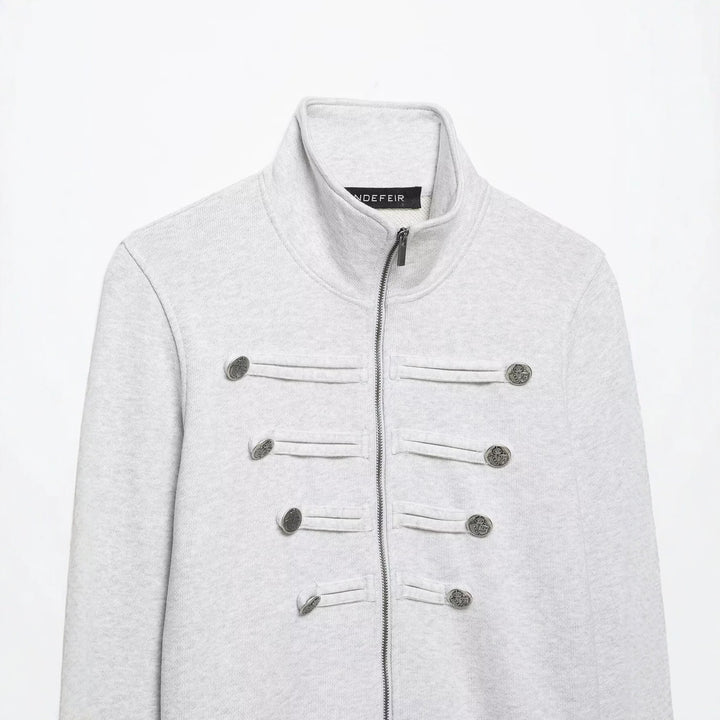 Damen Kurze Sweatjacke im Militärstil mit Stehkragen und dekorativer Knopfleiste Drune