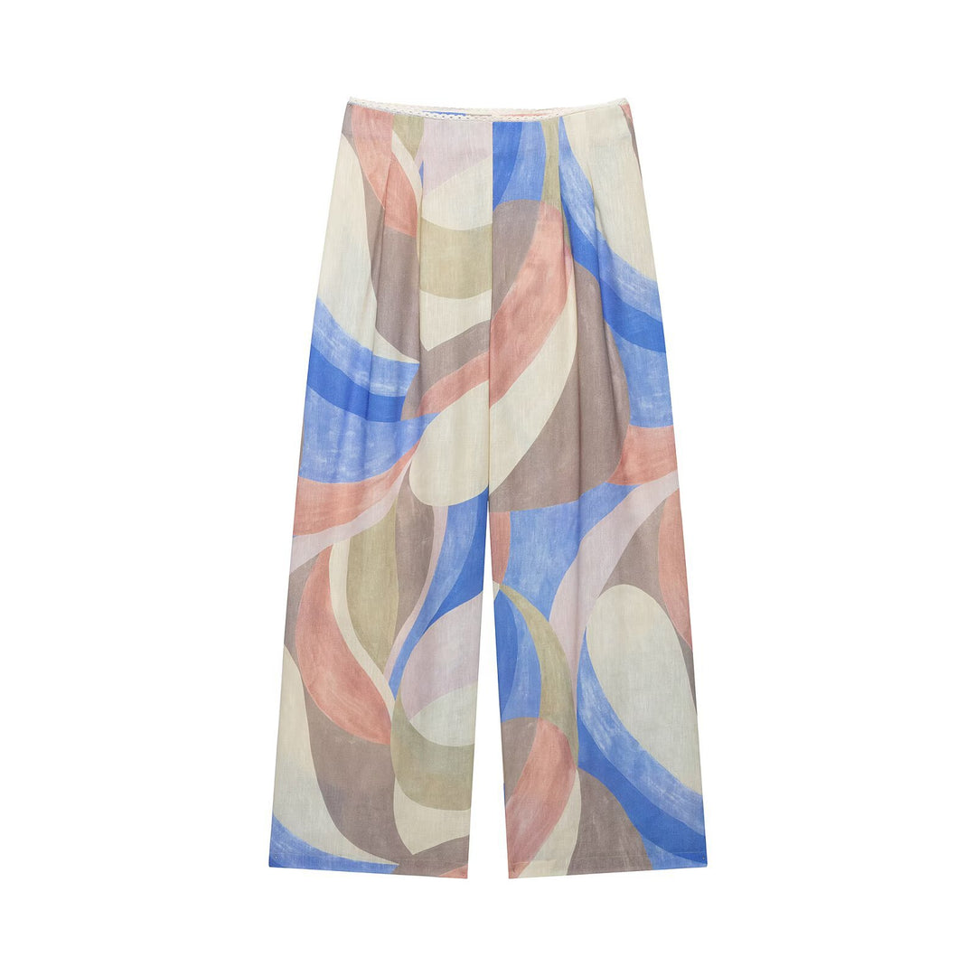 Damen Weite Leinenhose mit abstraktem Aquarellprint und hoher Taille Drune