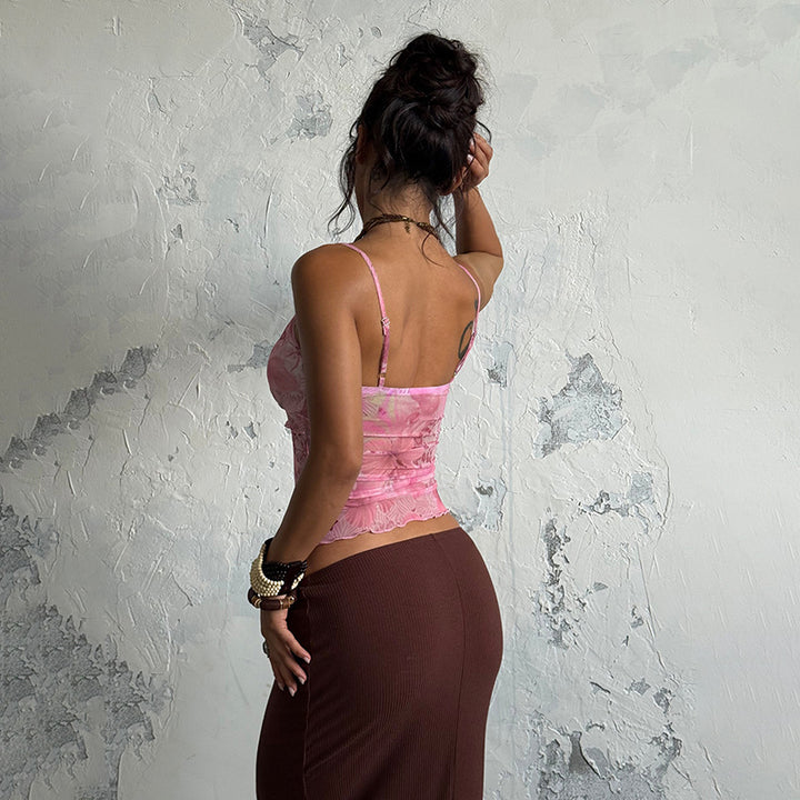 Damen Seidiges Spaghetti-Trägertop mit floralem Design Drune