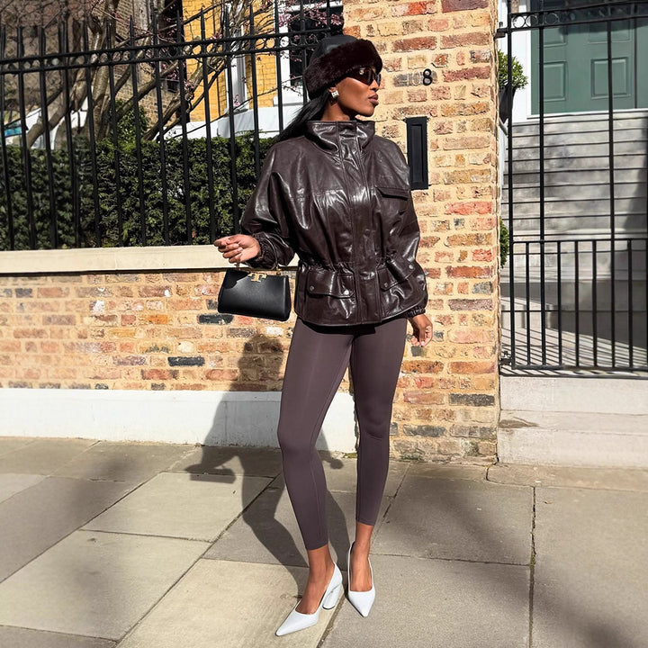 Damen Oversize Lederimitat-Blouson mit hohem Stehkragen und Taillenzug Drune