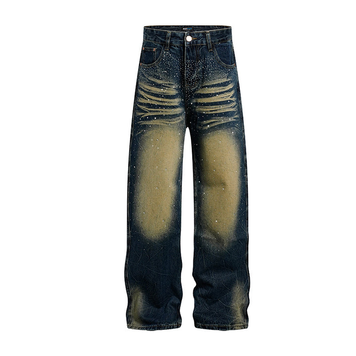 Damen weite High‑Waist Jeanshose mit Distressed‑Rissen und Strassbesatz Drune
