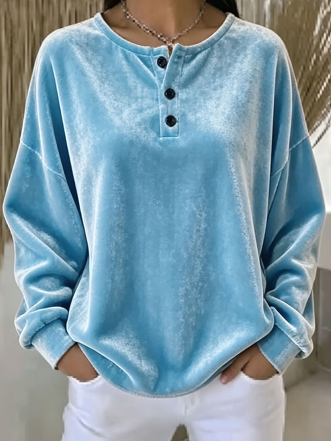 Damen Lässiges Oversize Samt-Henleyshirt mit Knopfleiste Drune
