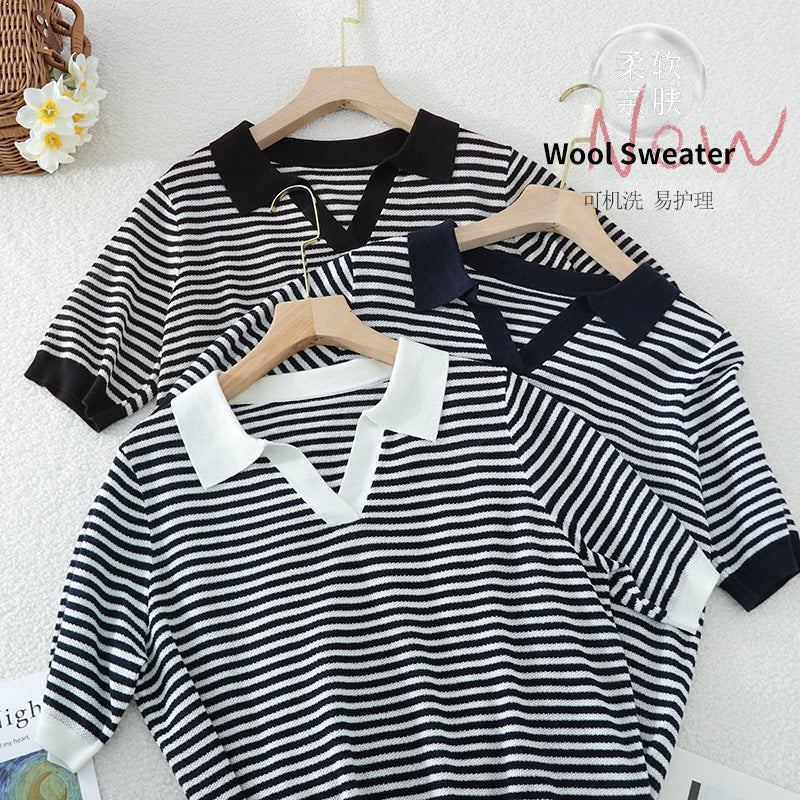 Damen Ringel-Polo-Feinstrickshirt mit offenem V-Schlitz und kontrastierendem Kragen Drune