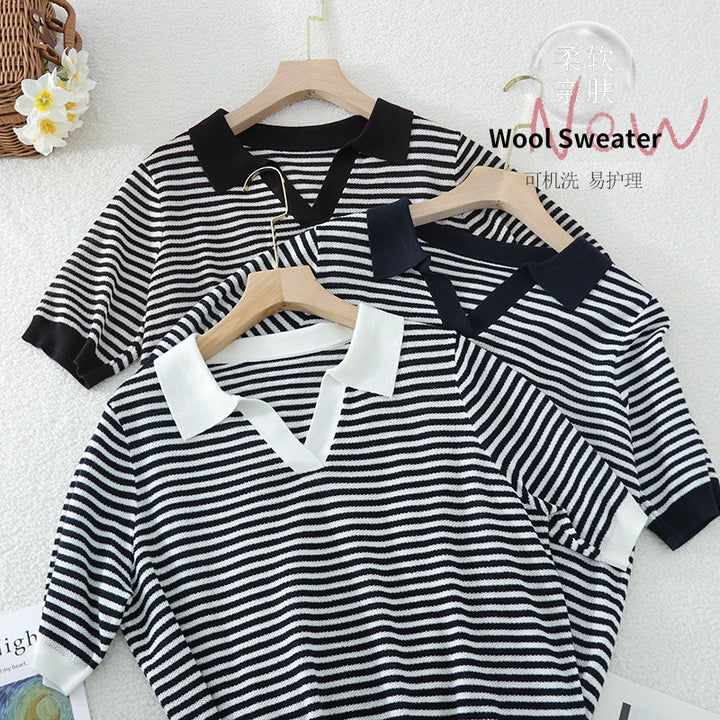 Damen Ringel-Polo-Feinstrickshirt mit offenem V-Schlitz und kontrastierendem Kragen Drune