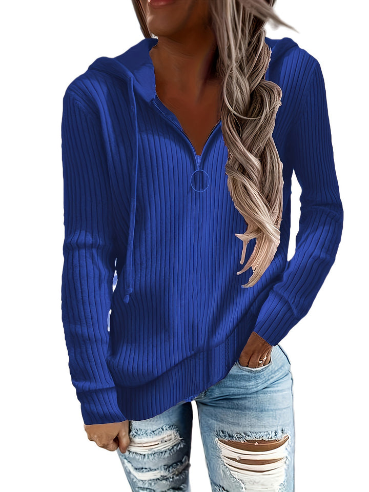 Damen Lässiger Rippstrick-Hoodie mit halbhohem Reißverschluss und Ringzipper Drune