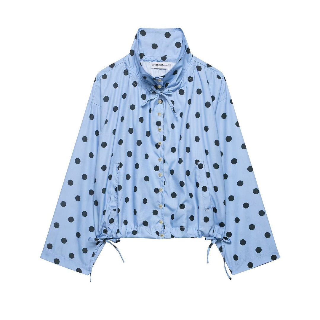Damen Leichte Oversize-Polka-Dot Windjacke mit Stehkragen, Knopfleiste und Kordelzug Drune